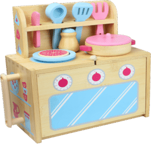 Wooden Kitchen Playset for Girls – Pink & Blue Pretend Cooking Toy Set with Utensils, Pots & Pans – Educational Role Play Kitchen for Kids Ages 3+
