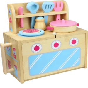 Wooden Kitchen Playset for Girls | Pink & Blue Pretend Cooking Toy Set with Utensils, Pots & Pans | Educational Role Play Kitchen for Kids Ages 3+