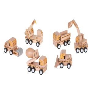 6-Piece Inertia Construction Vehicle Set for Kids – Wooden Excavator, Dump Truck, Crane & Mixer Educational Toys