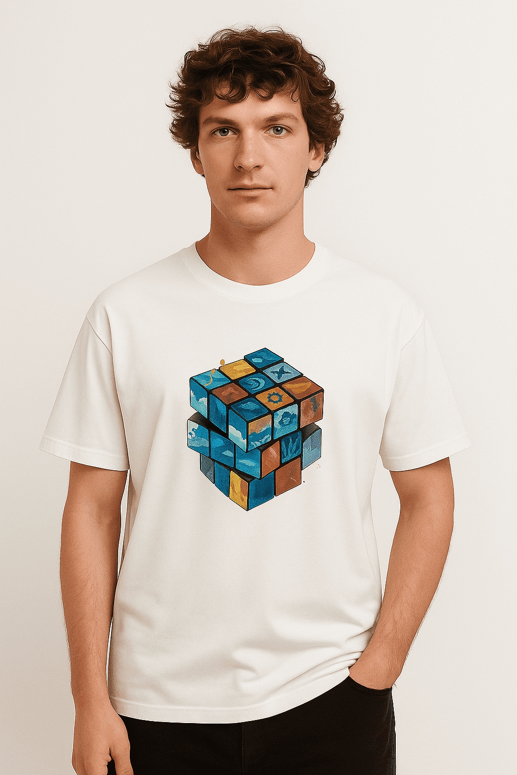 White cotton t-shirt featuring a colorful Rubik's cube-inspired graphic design