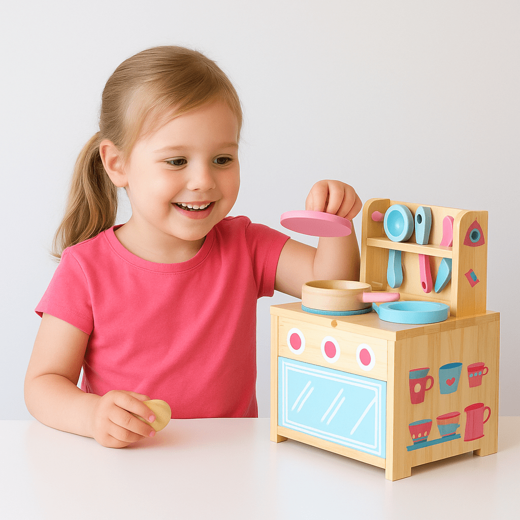A young girl wearing a pink T-shirt happily playing with a pastel-colored wooden toy kitchen set featuring pots, pans, and utensils on a white table.A young girl wearing a pink T-shirt happily playing with a pastel-colored wooden toy kitchen set featuring pots, pans, and utensils on a white table.