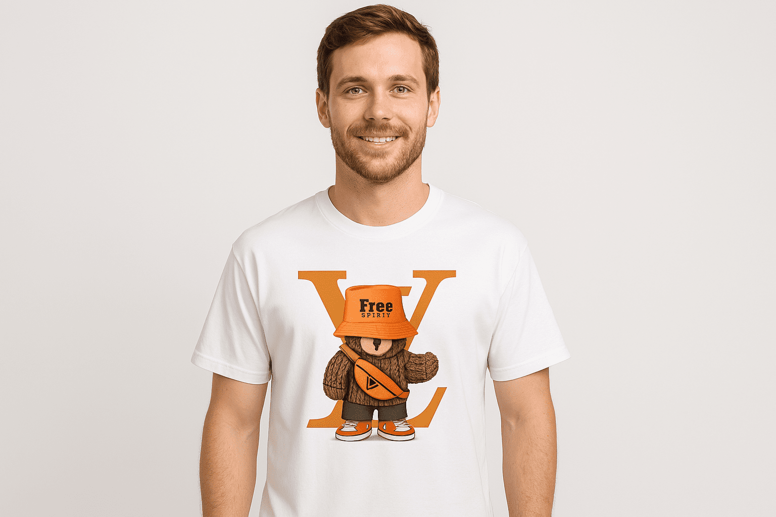 Stylish male model wearing white T-shirt with orange 'Free Spirity' teddy bear graphic and large 'V' logo, perfect for casual fashion wear.