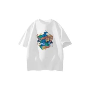 Men’s Pure Cotton White T‑Shirt with Cube Print – Modern Graphic Tee